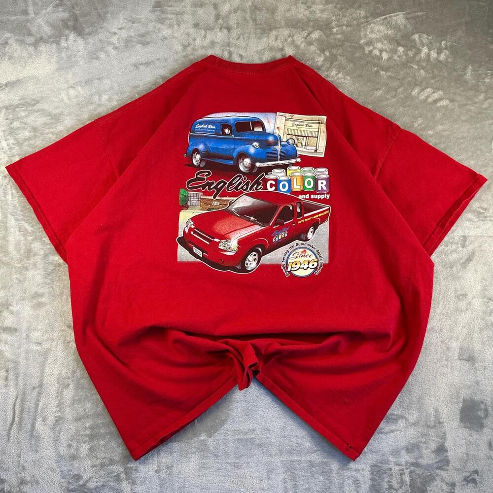 Vintage English Color and Supply Graphic T Shirt Mens XL Red Automotive Shop Tee